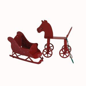 Vintage Red Metal Horse and Sleigh Christmas Ornaments